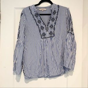 LOFT Blue and White Striped Top with Embroidery